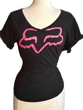 Y2K mcbling broho Fox Women's Black V-Neck Tee with Pink Logo